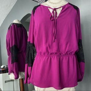 Thalia Sodi Pink-ish Purple & Black Lace Trimmed Tie Front Top